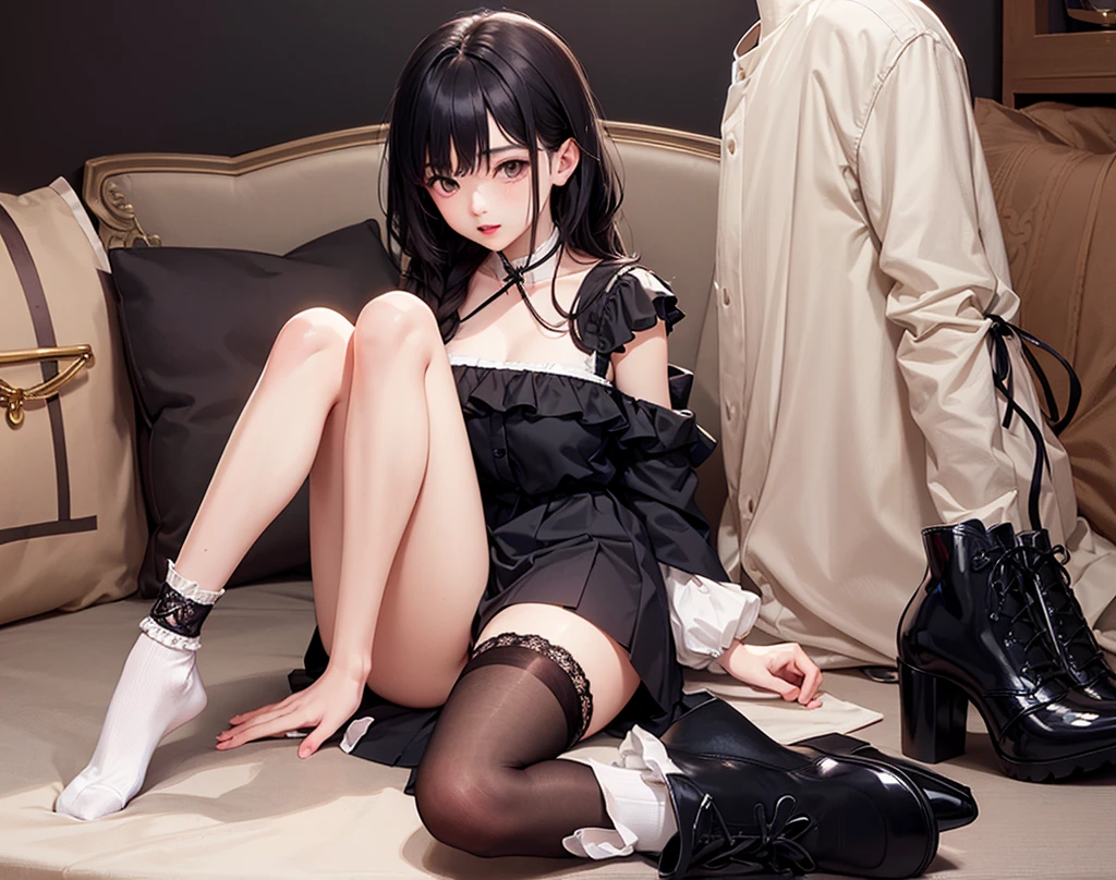 1girll,Black hair,white flower hair ornament,black lence stockings,Small black leather shoes,Sit upright in a chair,janelas,black off the shoulder dress,