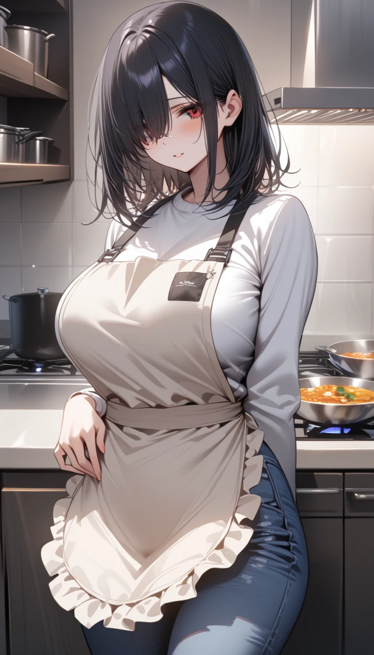 zemimama, 1girl , apron, mole, from behind, looking at viewer,   kitchen, big chest, long hair