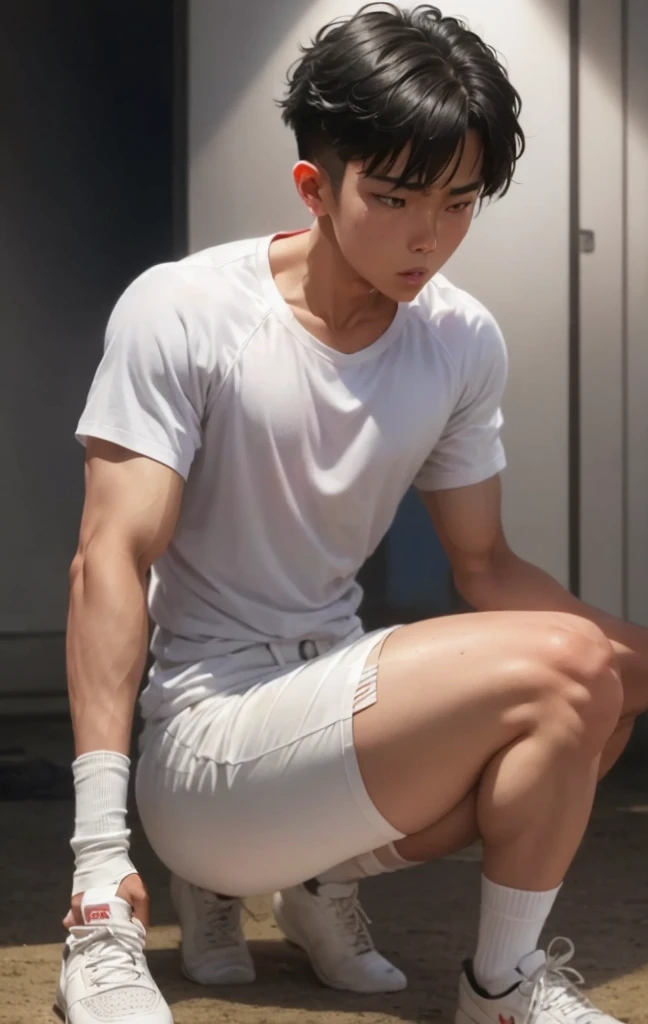 (((Best quality))),(((Ultra detailed))),(((Masterpiece))),(Cute tall Shota:2),The height of a volleyball player,solo person,(full bodyesbian:3),(Stay away from the lens:3),Expose your legs,(revealing the whole body:2),(Frontal heads-up view:1.2),malefocus,(looking at viewert),16 yaers old,(Tall:3),(Tall guy:2),Super tall,(Height 300 cm:2),Excellent body proportionuscular physique,(1.The shoulders are 5 times wider:1.2),(Slender straight legs:2.5),Slender feet,small headusculous,(The face of the animated male protagonist),Pure face,(Very detailed beautiful face and eyes:2),(Big bright eyes:1.2),Sharp eyeliner,Clear and beautiful face,,exhilarated,(Happy smile:2),short detailed hair,(Correct facial features),(tilts your head:1.5),(Men's soccer jersey:2),Long white sockuscle firming:2),Strong,(Wide shoulders and narrow waist:2.2),Sports men's socks,Detailed muscle texture,Highlights muscle structure,At home,(He was kneeling on the ground:4),(full length shoot),ultra-realistic realism, (Photorealistic detail), Incredible accuracy, lifelike textures, masterful technique, Jaw-dropping precision, artistic dedicatiotomy correct),Good lighting,exquisite detailing,Best quality,stunning masterpiece,CG,(Colored screen)