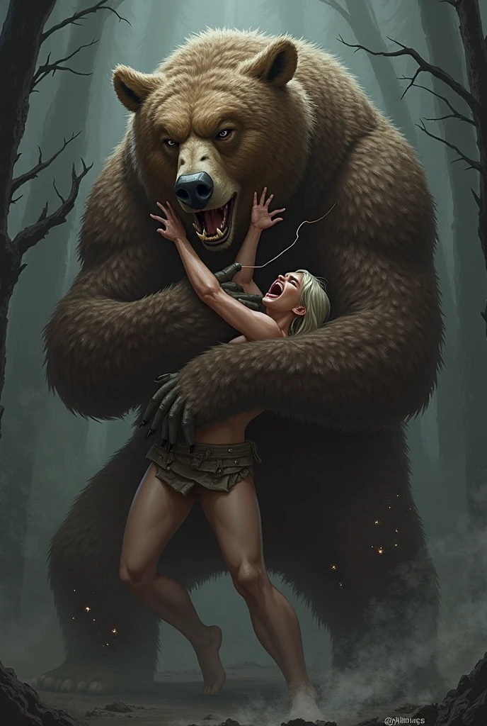 Human guy turning into stag as he copulates with his human girlfriend, illustration, duo, abs, pecs, concentrated expression, masculine body, masterpiece, best art, full body, by taran fiddler, torn pants, torn shirt, detailed hands, detailed eyes, detailed torso, forest, pain expression, transformation, yelling, halfway human face, ((all fours))