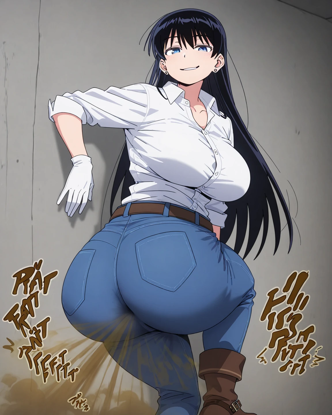solo,1girl,black hair ,blues eyes ,tareme, hair bang, long hair, gleaming skin, glasses, sleeveless hoodie, blue jeans, massive fart, farting, blush, lifting ass, closed eyes, clenching teeth, alone in a room