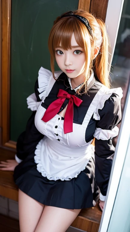 masterpiece, best quality, 1girl, purple eyes, orange hair, maid headdress, maid, intricate details, elegant pose, beautiful detailed eyes, beautiful detailed lips, extremely detailed face, delicate features, cinematic lighting, warm color palette, soft focus, photorealistic, highly detailed, digital art, seductive pose, showing legs, sexy ankles, flirting, black and white maid uniform, elegant pantyhose, (focus on legs), showing legs. nylon flirt