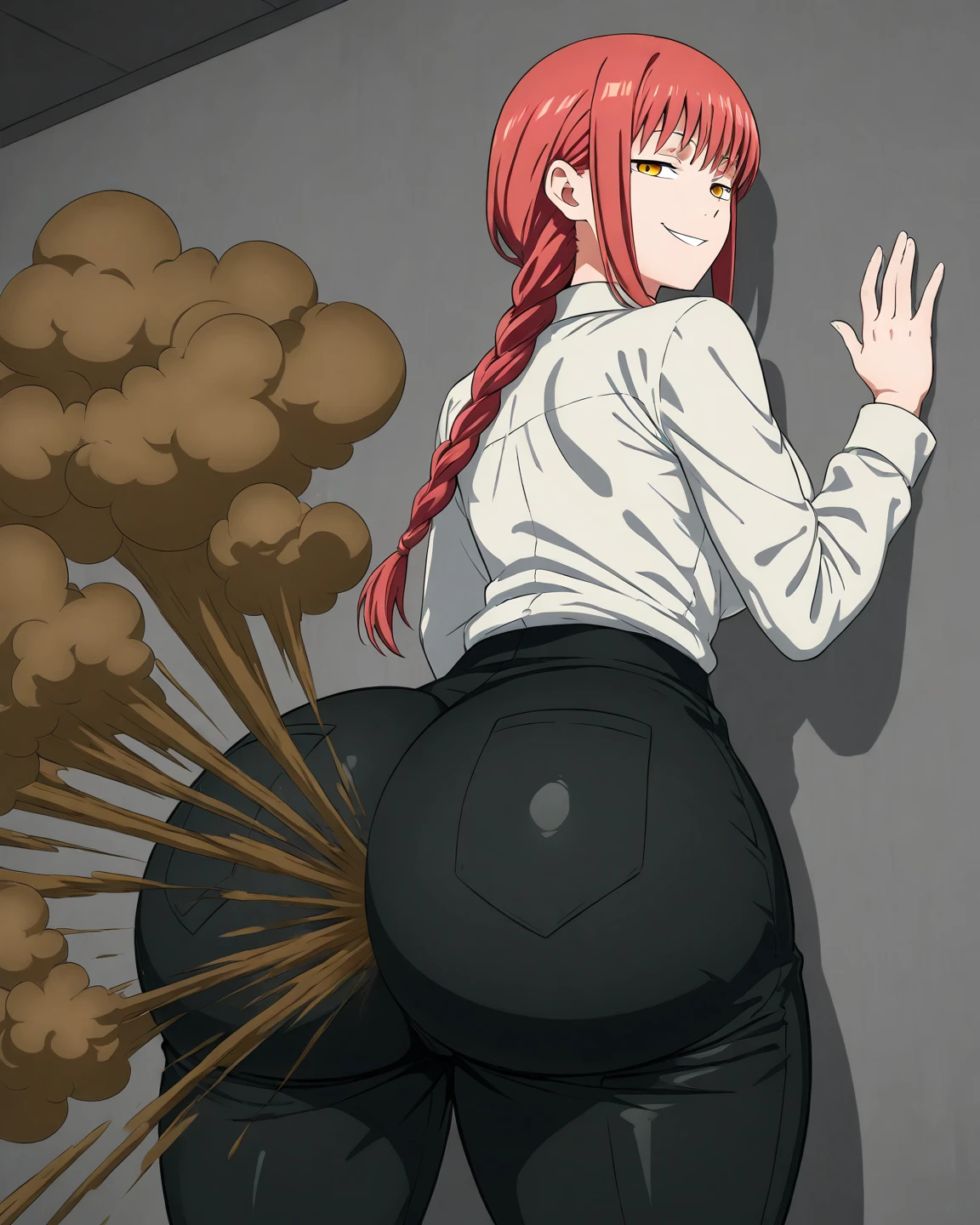 masterpiece, best quality, ultra-detailed, Potrait of beautiful MakimaCSM, solo, shirt, long_sleeves, white_shirt, collared_shirt, pants, from_behind, arms_behind_back, black_pants, formal, suit, arm_behind_back, shirt_tucked_in, facing_away, office_lady, business_suit, high-waist_pants, volumetric lighting, best quality, masterpiece, intricate details, tonemapping, sharp focus, hyper detailed, hands on booty, hands on ass, grabbing her booty, holding her booty
