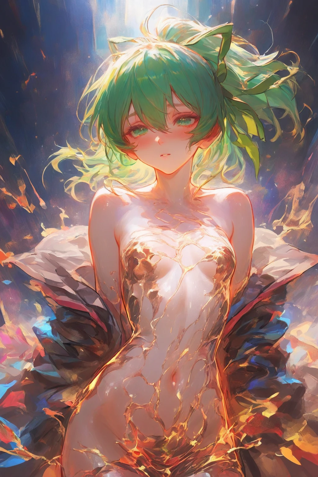 Unity 16K Wallpaper, Masterpiece, Best Quality, Ultra-Detailed, Extremely Detailed CG, Caustics, Cinematic Lighting, Detailed, Beautiful Detailed Eyes, 1 girl, (bikini, saliva:1.3, blush, lots of Heartmark around the face, small face:1.3, cowboy shot, curvy), sweaty, arms raised in the air, green hair, long hair
