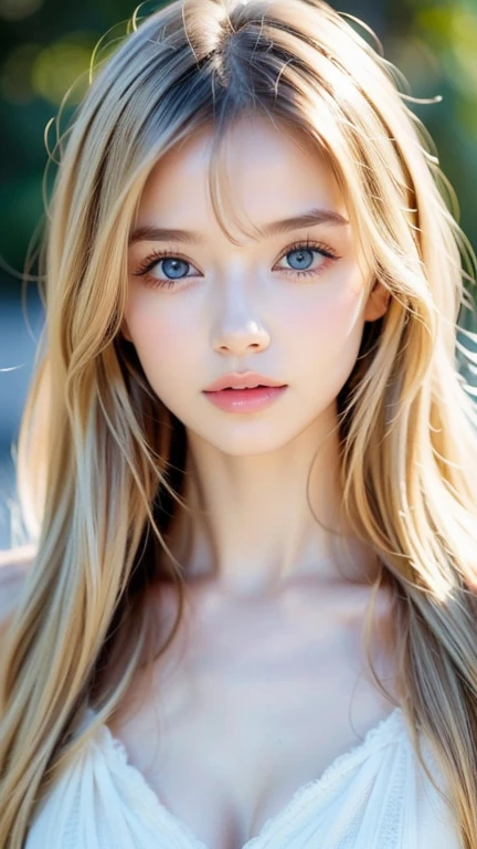 1 girl, 19 years old, solo, super long straight hair, huge , bright look、Looking at Viewer, ((Glossy bright silky blonde hair))、Very beautiful eyes and disheveled bangs between the nose and eyes、white skin、Shining beautiful skin、Glossy skin、gross face、cheek gloss、small face beauty、bare shoulders, jewelry, whole body, (Highly detailed 8K wallpaper), soft lighting, high quality, film grain, Fujifilm XT3 sharp focus, F 5.6, high detail, Tits sharp focus,(natural light), (Close-up:1.2), (seductive tits), off shoulder t-shirt, Reality, sexy、She has beautiful big bright pale blue eyes、very big eyes、eyeliner、young face、round face、cheek glossハイライト