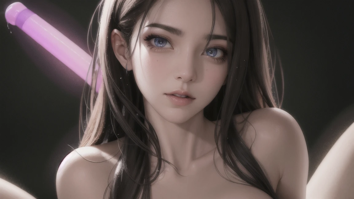 vector image, vibrant colours, smooth gradation, best quality, masterpiece, absurdres, ((isolated)), ((pitch black background)), (detailed face and eyes:1.2), sweet smile, detailed beautiful eyes, eyelashes, glossy full lips, sensual, volumetric lights, medium shot, half body shot, busty, full cleavage, deep cleavage, curvaceous, Unimaginably beautiful girl, enchanting, glistening skin, burst out breast, tinted scarlett red and violet and golden volumetric lights, smoky big eyes, ((9yo)), ((naked top)), ((topless))
