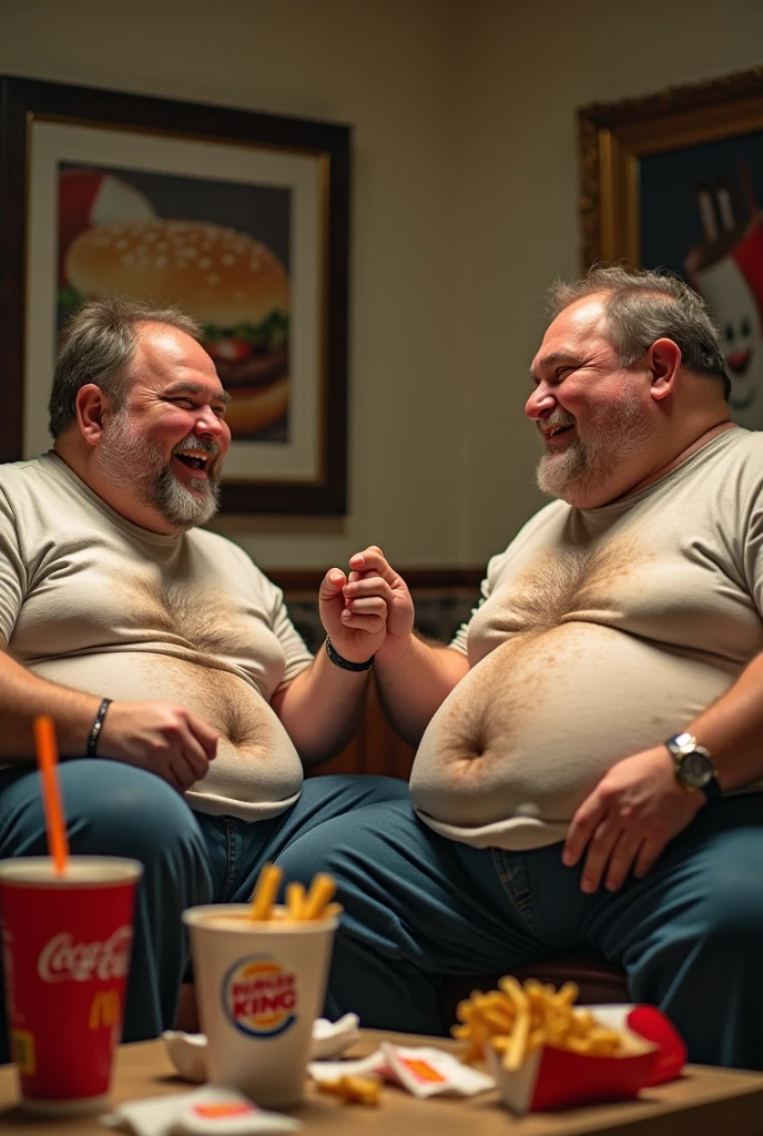 Create an image: abnormally crazy catastrophically very two very fat old men naked with huge penises kissing and rubbing their bellies in a garbage dump
