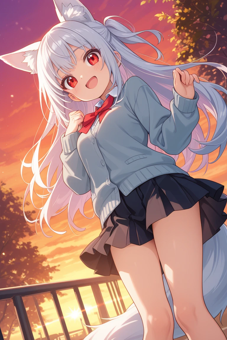 (masterpiece), best quality, my foxy girlfriend - fuku, medium breasts, white fox ears, one white fox tail, round face, white hair, white skin, cute girl, innocent , medium size, teenager, light pink sweater, white thighs high,red tie hidden by sweater, red pink eyes, short back hair, 2 long strands falling on breasts, very short red plaid skirt under the sweater, thick thigh, black japanese school shoes