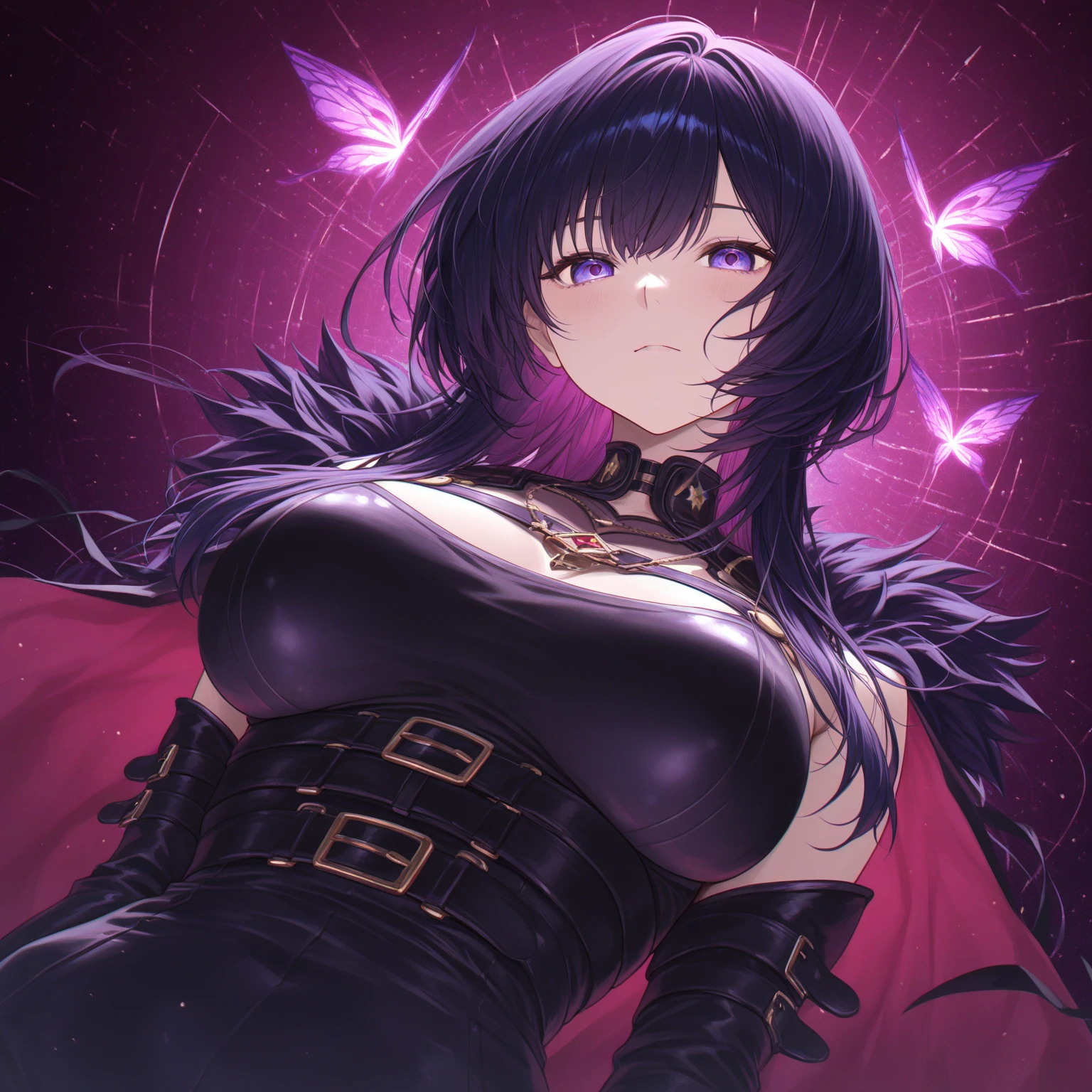 A beautiful woman, large breasts, black clothing, black clothing covering the body, tight clothing, long blue hair, a majestic black cape with a purple background, psychic powers, evil eyes. Shiny Lips, Black eyes