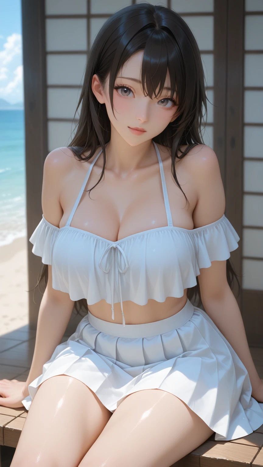 Highest quality, masterpiece, , ,short, Huge breasts, Gray Hair,Low twin tails, Purple eyes, Yukinecris, Thin twin tails,, Beach, Ocean, White Dress, White Skirt, White dress, Straw hat,  (((shy))), (Happy), Leaning forward, summer, From above, Reaching out, smile,