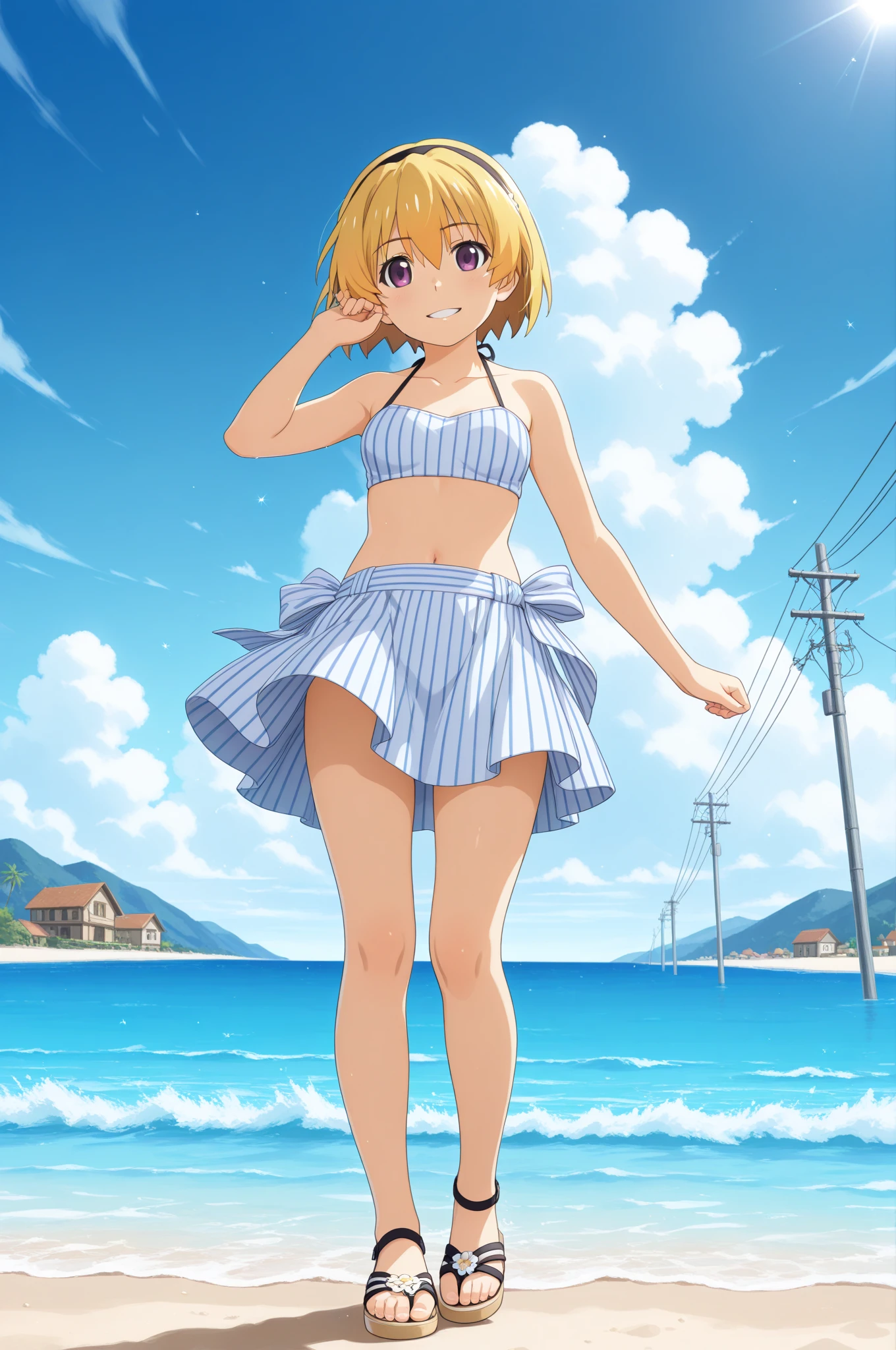 1girl、highest quality、Masterpiece、Official Art、Award-winning works、Standing in front of the viewer、vtuber-fullbody、Simple bikini、barefoot、short hair、