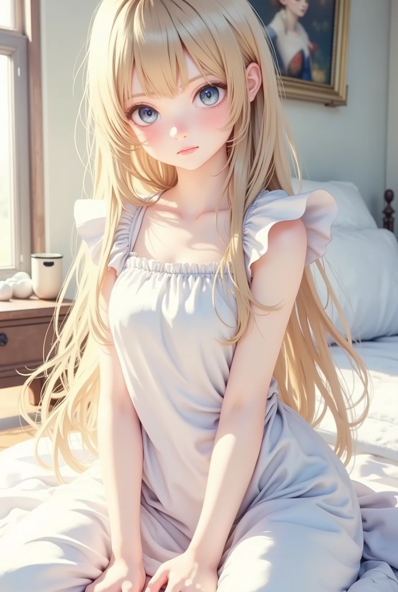 top quality, super detailed, score_9, 4K, 8K, 1girl, Interior lighting, pure white dress, with hot gold hair, Blue Eyes, medium shot, sitting on the edge of the bed, Innocent princess, viewers staring sharply, Castle bedroom, photographic, Realistic, lively, Bright Colors, delicate hands, Smile