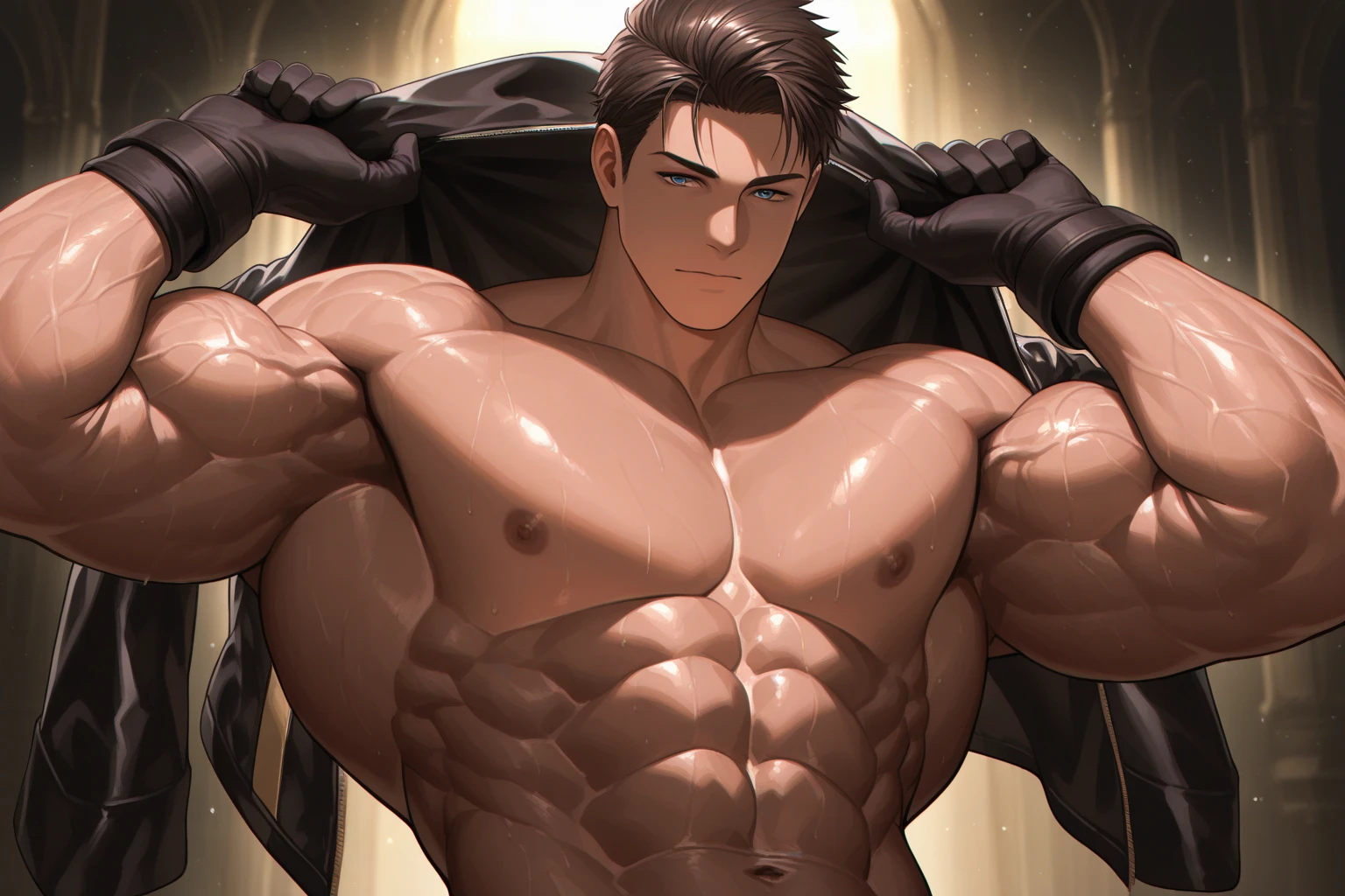(masterpiece, best quality), 1boy,younge boy,???'s face,Children's faces,Juvenile faces,Lying on a huge amethyst stone,Amethyst Cave,infancy,Young age,Be red in the face,Short round face,Flat chin,Pink briefs,musculous, Short purple hair with a very light color,Heterochromatic eyes in gold and purple, 复杂,Black collar, nakeness, Skinny briefs,Pectoralis abdominal muscles,cleanness,vivd colour,(depth of fields:1.2),(abs),The upper part of the body,looking at viewert,Lying on a huge amethyst stone,Lots of amethysts,Asian people,chineseidol,upperbody closeup,the night,No light source