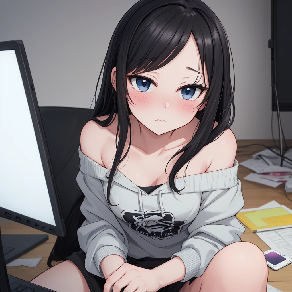 Hime cut with long black hair、Has straight bangs and blue eyes、A girl with very large breasts wears an off-the-shoulder sweater。I&#39;m playing games on my computer。The girl has a relaxed, calm and satisfied look。