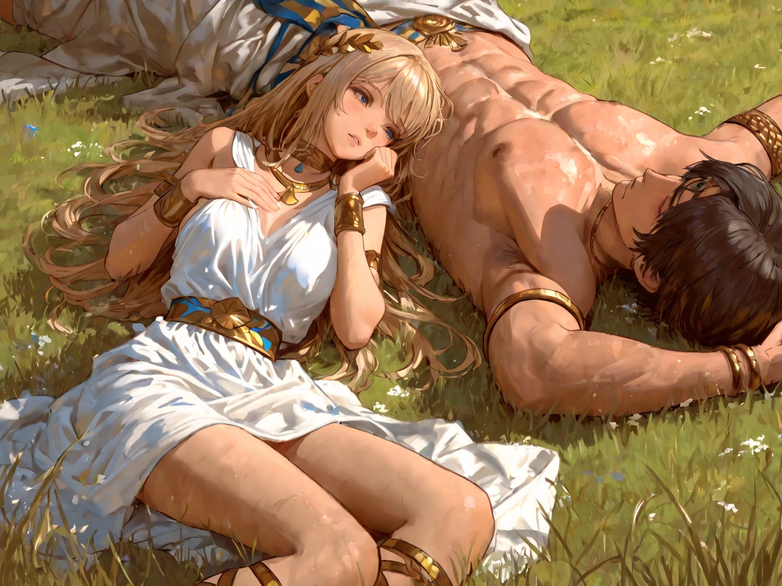 ((Highest quality)), ((masterpiece)), (detailed), （Perfect Face）、The woman is the Greek goddess Tyatia, wearing a white Doric chiton from ancient Greece, with medium blonde hair and green eyes.、The woman is embraced by an ancient Greek male god on the bed of a temple of ancient Greek mythology, and is impregnated and loved.、The man is a muscular, blond, curly-haired male god of ancient Greece wearing an ancient Greek Doric chiton, embracing a woman and having sex with her.