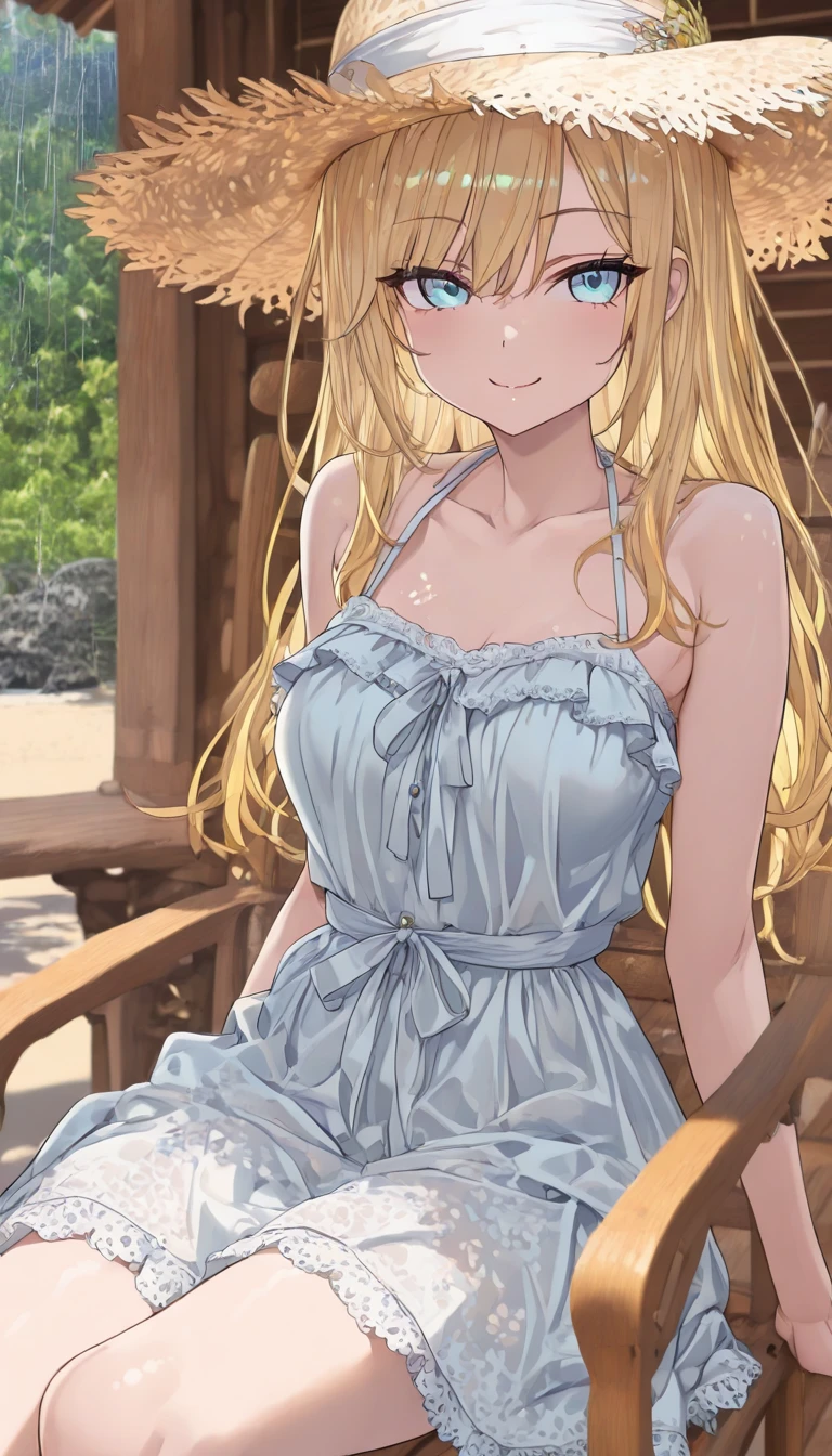 (masterpiece:1.2, best quality), 1girl, smirk, slim, slender, green eyes, sharp eyes, small_breasts, flat_chest, facing viewer, dress, strappy sandals, simple hoop earrings, shell necklace, areola slip, down blouse, embarrassed, long blonde hair, ^ ^, nature, green hill, serene spaces,