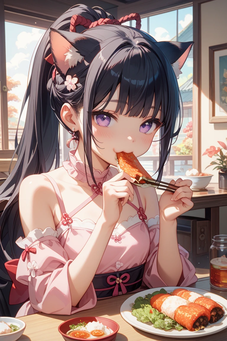 Short hair, woman, small breasts, red sharp eyes, big eyes, cute girl, eating sushi, Japanese sushi, big smile, nice smile, detailed face, busty camera angle