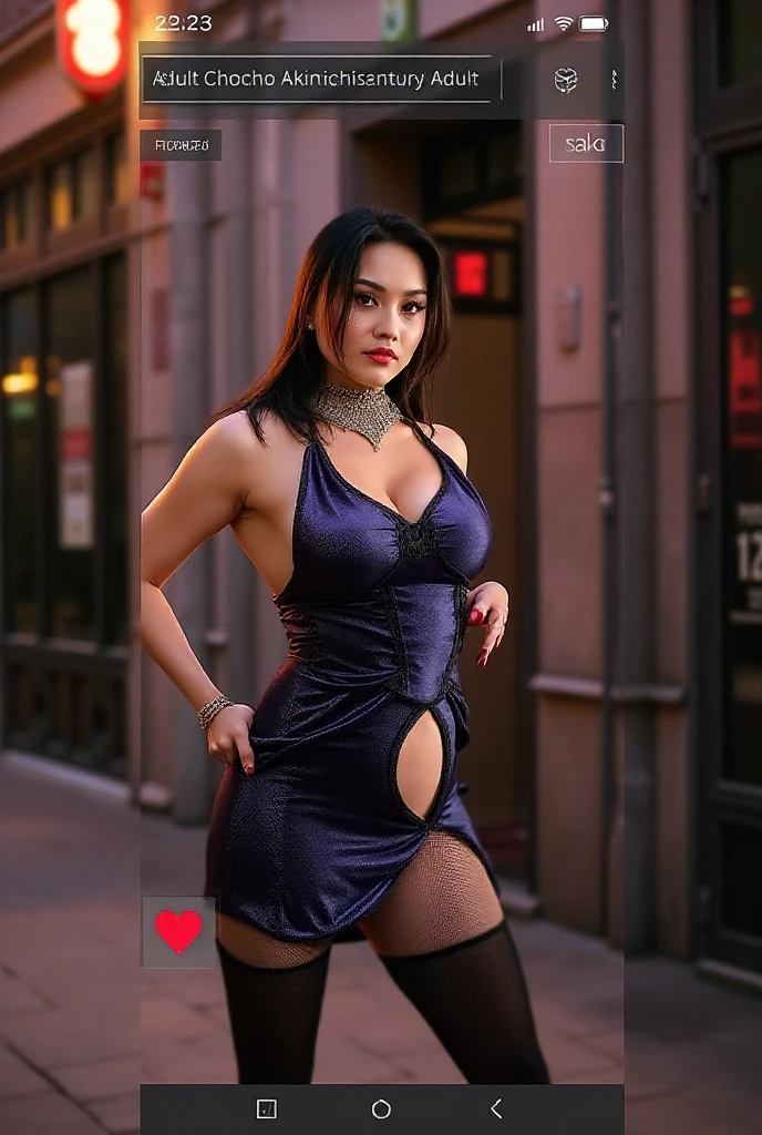 Best Quality, Highest Resolution, Realistic, Detailed, Various colors, (Soft focus:1.2), Masterpieces, (Big breasts:1.3), Glossy skin, Heavy makeup, Red lips, Closed mouth, (Bangs, Short updo), Beautiful woman, She's strong and intimidating, Villainess, Glamorous body, (Condescending gaze, She will charm with gaze), Upper body, (From below:1.5), Looking at camera,
(Elaborate patterned round neck dress, Fine details that reveal the material of the dress, Skin on the breasts and stomach is covered by clothing, Waist-high fishnet stockings with great attention to detail), (Small earrings with attention to detail, Bracelet),
(Pedestrian bridge, stairs, going down the stairs)