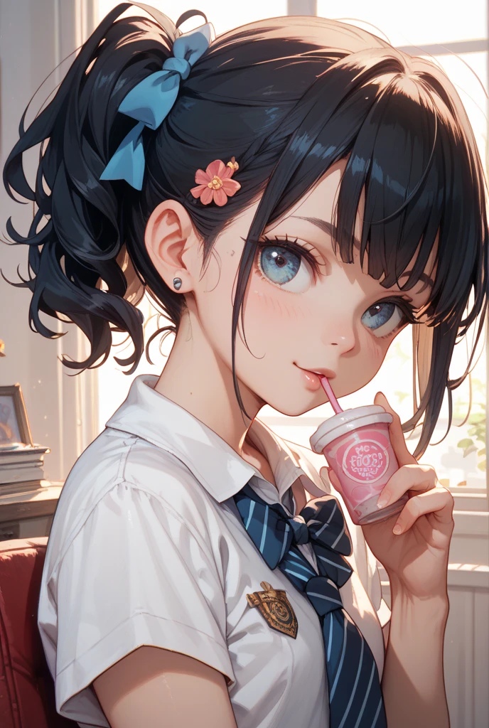 (naga),(five fingers)、(EnvyBetterHands, QuickHand),(angled, sharp, edgy, piercing, fierce) 、(smiles, feminine chic autumn outfit, holding a cup of coffee in the café)　、(hair over one eye:1.5)、(side ponytail,hair ornament,hairclip,white shirt,bra visible through clothes,breast pocket,black choker,blue necktie,purple scrunchie,bracelet,blue skirt,thigh strap,looking at viewer,smile),(large breasts:1.5),　(Navy Skirt)、,(White shirt)、(Navy blue tie)Glossy Lips, (((Global Illumination:1.5))),((Lash extensions)),((slant eyes:1.5)),((Half-closed eyes:1.1)),((Small face)),(purple eyes:1.5),(Hair fluttering in the wind),(smile:1.3),((contrasted:1.5)),,((anime)),,(EnvyBetterHands, QuickHand),((angled, sharp, edgy, piercing, fierce),((best quality, masterpiece,,Highest quality:1.5、High resolution,8k,ultra-detailed face,anime,ultra-detailed hands,ultra-detailed fingers,ultra-detailed eyes, ,ultra-detailed hair, dark skin, ultra detailed and beautiful, Model Pose)),(looking at viewer),(loli face),((The official look)),(Straight Hair),(Very soft skin),(Skin wrinkles),(Grab the skin),(Half-closed eyes),(Panty shot),(Grab your thighs),(sit),(sit on chair),(Anime painting)(Diamond-shaped eyes)(Sit with your legs crossed)(whole body),(fang),(small eyes),(Spread your fingers)(Use of strong primary colors)((Colorful paint splashes on a transparent background、Dulux、pop)),(stylish pose)(Five Fingers),(eight-headed body)(Cool pose)、 (whole body)(Use of bright colors),(grab your thighs),(well-proportion)(Half-closed eyes),(full body)，、、、、、、(sexy pose)