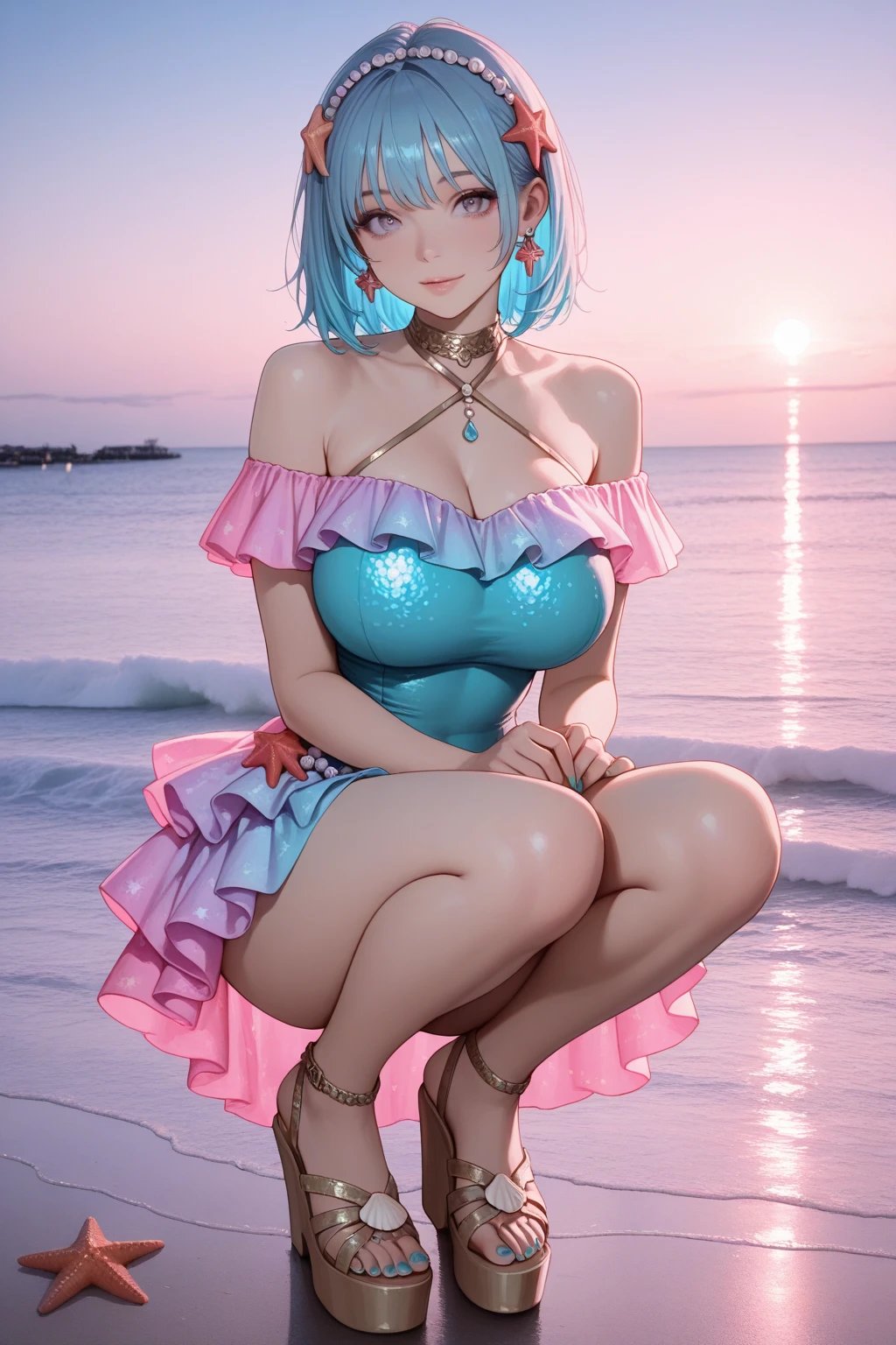 (Masterpiece, BestQuality:1.3), (ultra detailed:1.2), (hyperrealistic:1.3), (RAW photo:1.2), High detail RAW color photo, professional photograph, (Photorealistic:1.4), (realistic:1.4), professional lighting, perfect anatomy, (Big Breasts:1.2), (blush, detailed face), (cheerful Smile:1.5), (Blue Hair:1.5), Trending Hair&Trending Hairカラーをランダムに, earrings, necklace, bracelet, sexly, erotic sexly, Random sexy gravure poses, (A beautiful woman with long blonde hair wearing a white thong Brazilian bikini、She is turning around on the beach, squatting with her legs wide open and smiling。She is smiling happily。:1.3)