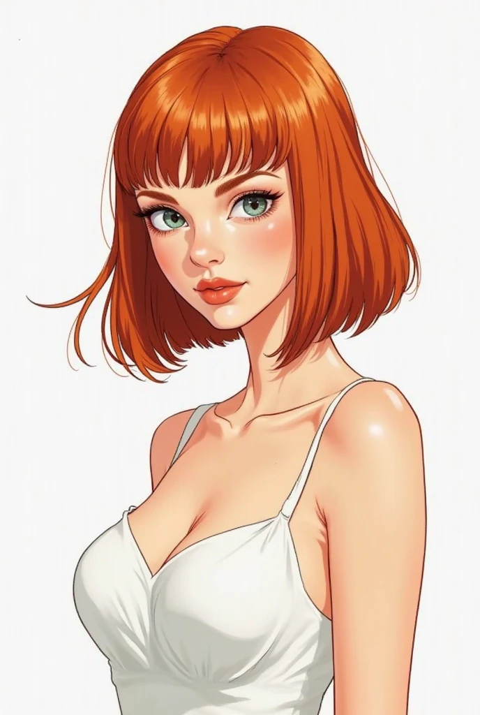 white female with short orange hair and blue headband in her hair, long mouth, Full red lips and big brown eyes with a thin fluorescent pear green bikini.