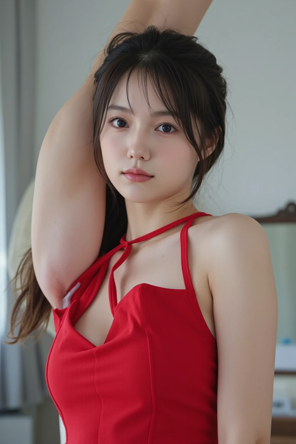 solo, shirt, red dress, full_body, look_at_viewer, (8k, RAW photo, best quality, masterpiece:1.2), (realistic) <lora:ShimazakiH:0.8>, ShimazakiH