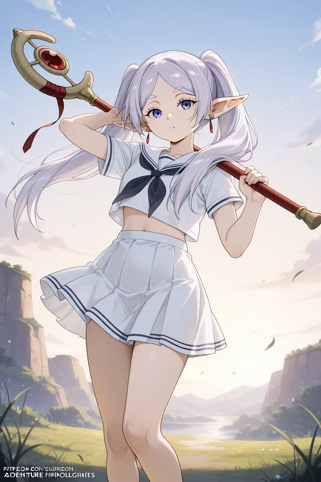 1 girl, shiny backlight, volumy long ponytail, silver hair, red eyes, middle breasts, her hair is fluttering down, white fantasic leotard outfit, white long loincloth,brown belts, long Quiver of Arrows behind back, open legs,open thighs, arched back, scerious,gazing, cowboy shot, masterpiece, best quality, general,arms behind back,