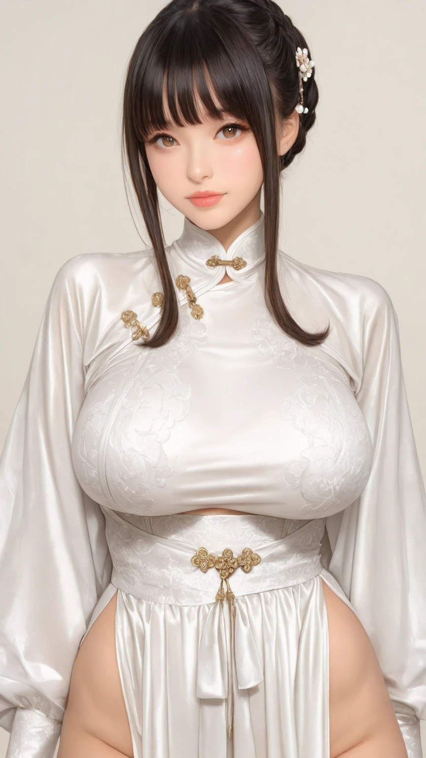(((Chinese Beauty)))、21 years old、(Very heavy makeup:1.2)、(Slanted Eyes:1.3)、(long narrow eyes:1.3)、Shiny Hair、Glowing Skin、Very white skin、Jet Black Hair、Straight long hairstyle、Big eyes、Double eyelids、Luxury Chinese palace、(Standing in the palace corridor)、(Golden luxurious hair ornament)、(The queen's costume)、Luxurious and gorgeous、(huge breast:1.1)、(Exposed Skin:1.3)、(Smile with your mouth closed)、Transparent white cloth