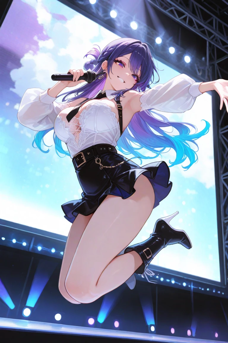 woman purple hair beautiful girl singer cute Idol concert live audience White panties butt angrily