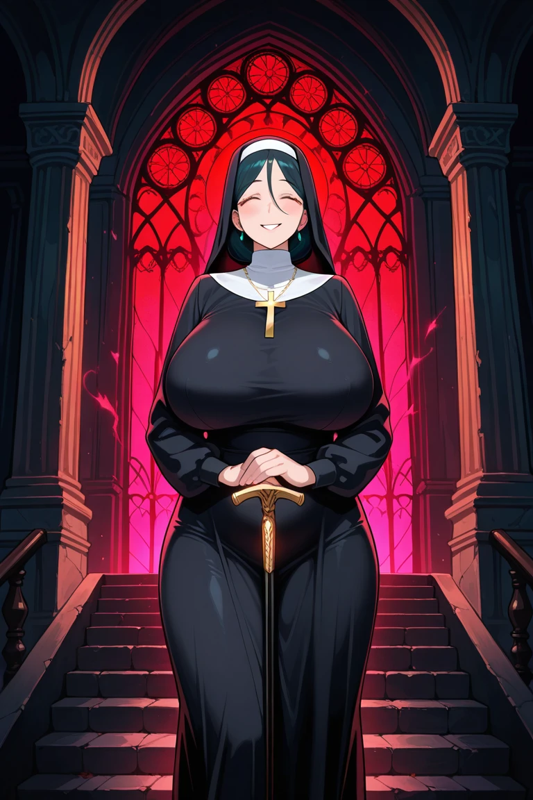 Super-detailed, 8k HD, 3d art style, 1 girl, solo, mature, tan skin, beautiful and detailed face, detailed hand, long black hair, red eye, slender hips, thick thighs, huge and droopy breast, huge round ass, expressionless, 1 piece nun dress, thigh high fishnet stocking, standing in church, holding a book, one finger on lip giving be quiet pose