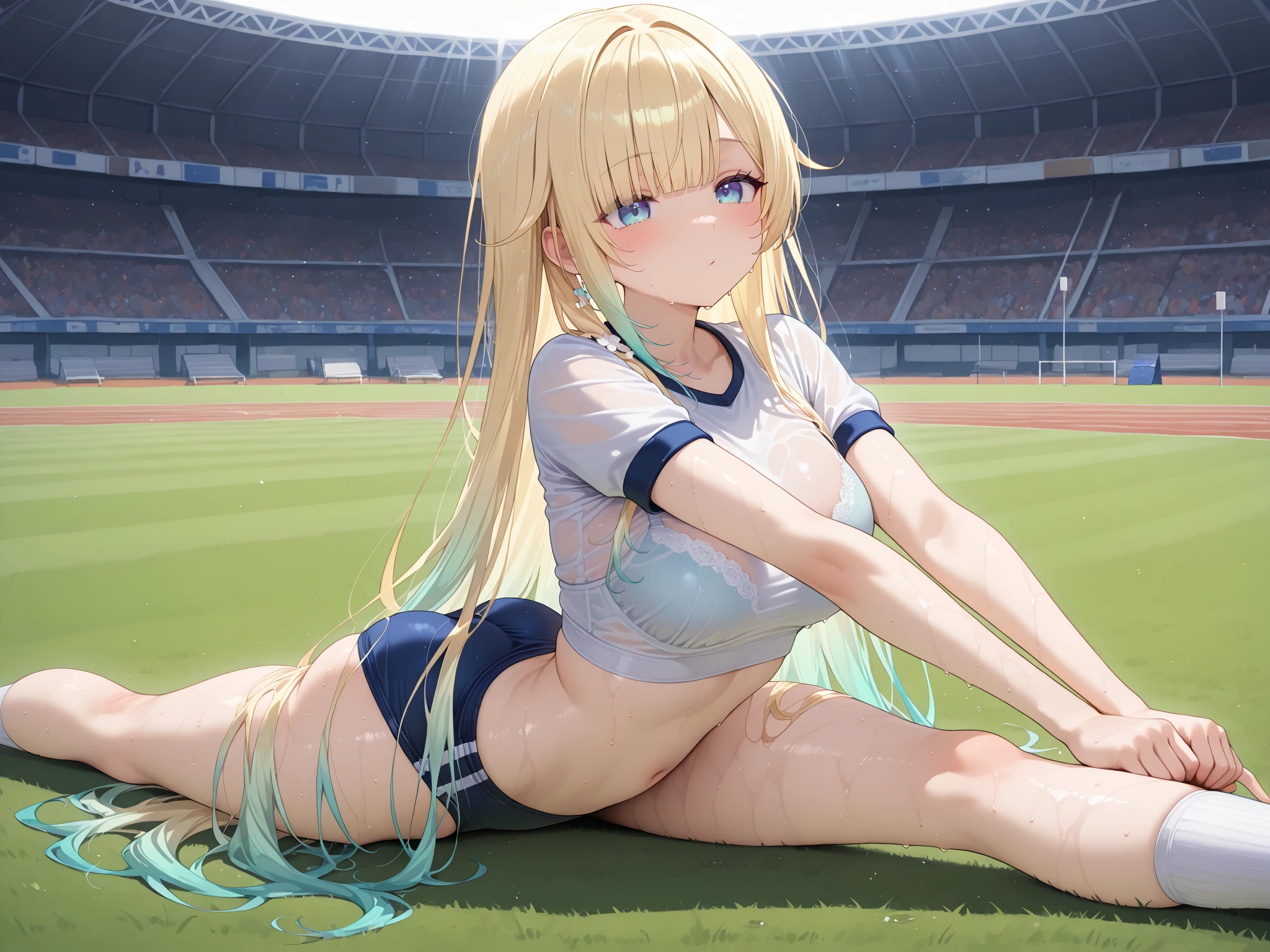 1girl, 独奏, White polo shirt, White sneakers, tennis wear, white mini-skirt, tmasterpiece, Best quality at best, realisticlying, ultra - detailed, (shiny skins, perspired:1.4), absurderes, looking at viewert, long white hair,with brown eye,slenderness,Dynamic light and shadow,A high resolution,Sharp focus,depth of fields,The eyes are delicate,Sharp pupils,pupil realistic,(smallunderboob:1.3),(Thigh thick:1.0),exteriors,Skysky