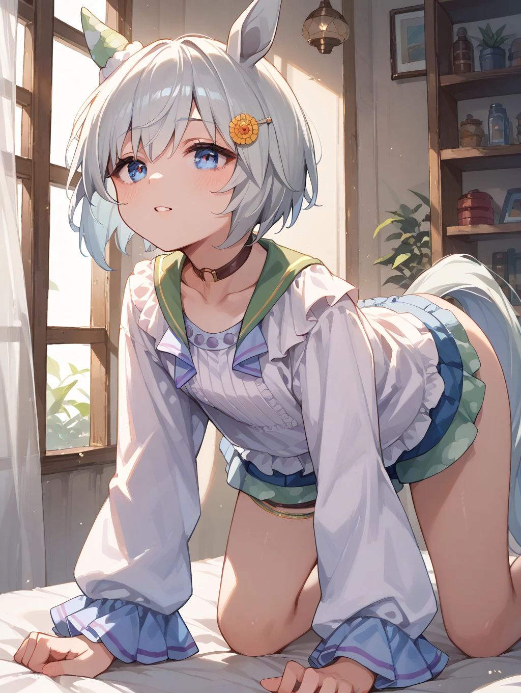 (from above:1.2),(from side:0.9),(A masterpiece of image quality in 8K),(Beautiful Allafed Woman),(((emphasizing breasts:1.1))),(Dynamic angles),(Dynamic and sexy bending pose:1.3),(sit a chair:1.1),(Short hair in shiny silver and orange inner colors,small full breasts,Disturbance of clothing due to movement,breast slip,(Ponytail twisted buns adorned with elaborate braids and beads,Braided Setup Fishbone Hair,),(see-through bangs),(perky chest:1.1), (pointed chest:1.3), small breasts、(((A white lace apron that shows your bare skin from under your small breasts)))、Blush with embarrassment、Enraptured eyes、A smile that beguiles the viewer、(Look back:1.7)、Look into the photographer,skin glistening with sweat,gazing at viewer,,(Professional Lighting),(8K,masutepiece,top-quality,Ultra-high resolution output image,),(Ultra HD with complex detail image modes),depth of fields,Beautiful hands,Beautiful fingers,Detailed finger features,(Detailed hair features:1.7),detailed facial features,detailed clothes features, (perky chest:1.1), (pointed chest:1.3), seductive weak smiling,(with sparkling eyes and a contagious smile),little open mouth,
