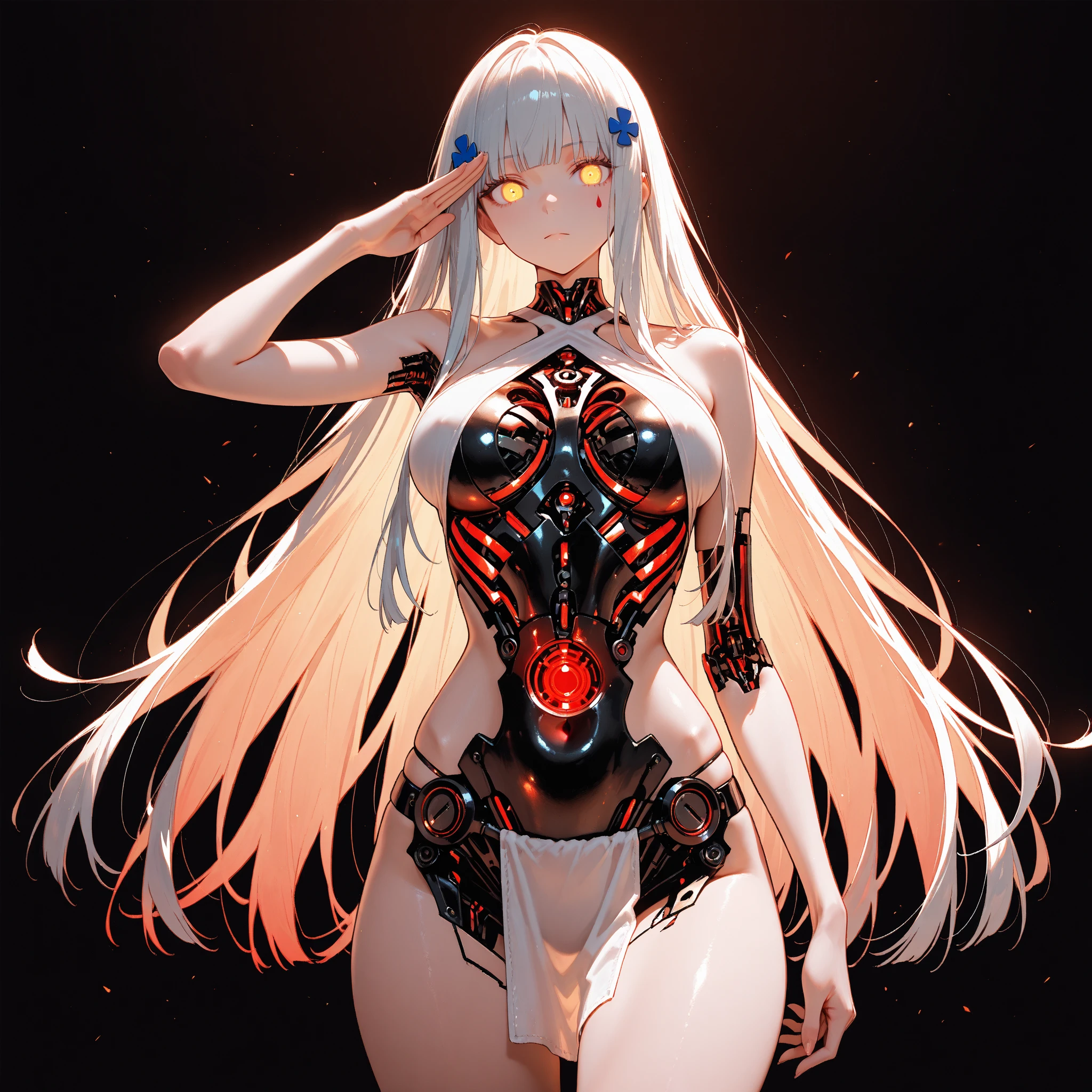 (obra maestra, Calidad superior, Mejor calidad, Arte oficial, hermoso y estetico:1.2), (1 chica:1.3), extremadamente detallado,vistoso,more detailed ((ultra detallado)), (Very detailed CG illustration), ((un extremadamente delicado y hermoso)),(de un lado),cinematic light,((1 chica mecanica)),Solo,cuerpo completo,(machine made joints:1.2),((machanical limbs)),(Sangre vessels connected to tubes),(mechanical vertebra attaching to the back),((Mechanical cervical fixation to the neck)),(session),inexpresivo,(alambres y cables que se unen al cuello:1.2),(alambres y cables en la cabeza:1.2)(enfoque del personaje),Science fiction,Fondo blanco,(Sangre:1.5)