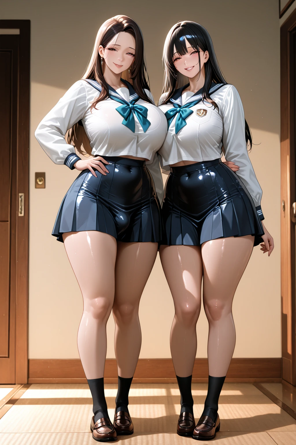 8K quality, Masterpiece, Bright lighting without shadows, (Two busty women standing side by side), (Super big breasts compressed by clothes:1.3), Whitening skin, Sparkling Blue Eyes, Sailor collar mini dress, Above the knee, Skirtliftv1, Protruding and accentuated booty, A frontal shot that emphasizes her huge breasts, (White panties), grabbing own ass