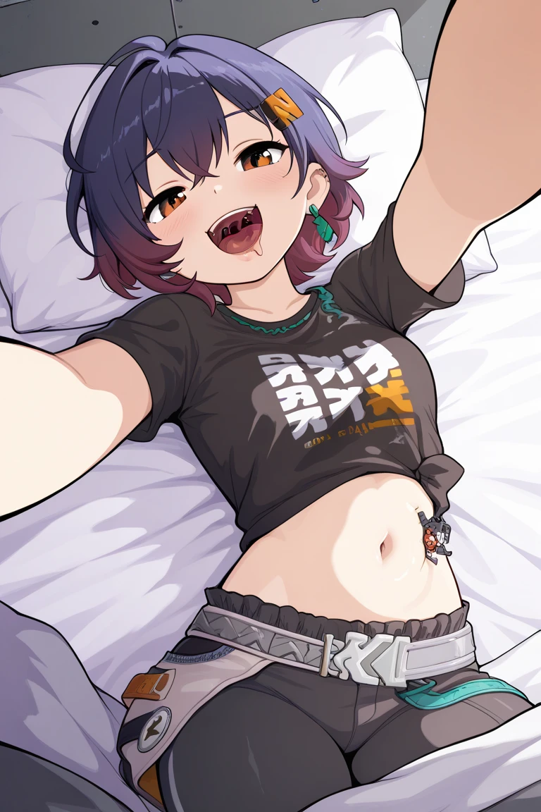 score_9, score_8_up, score_7_up, masterpiece, best quality, amazing quality, very aesthetic, absurdres, best quality, 1girl, solo, Belle (Zenless Zone Zero), lying, bed, shirt riding up stomach, midriff, navel, vore, imminent vore, giantess, maw, open mouth, tongue, saliva, smiling, drooling, reaching out, holding viewer, hand on pillow, pillow