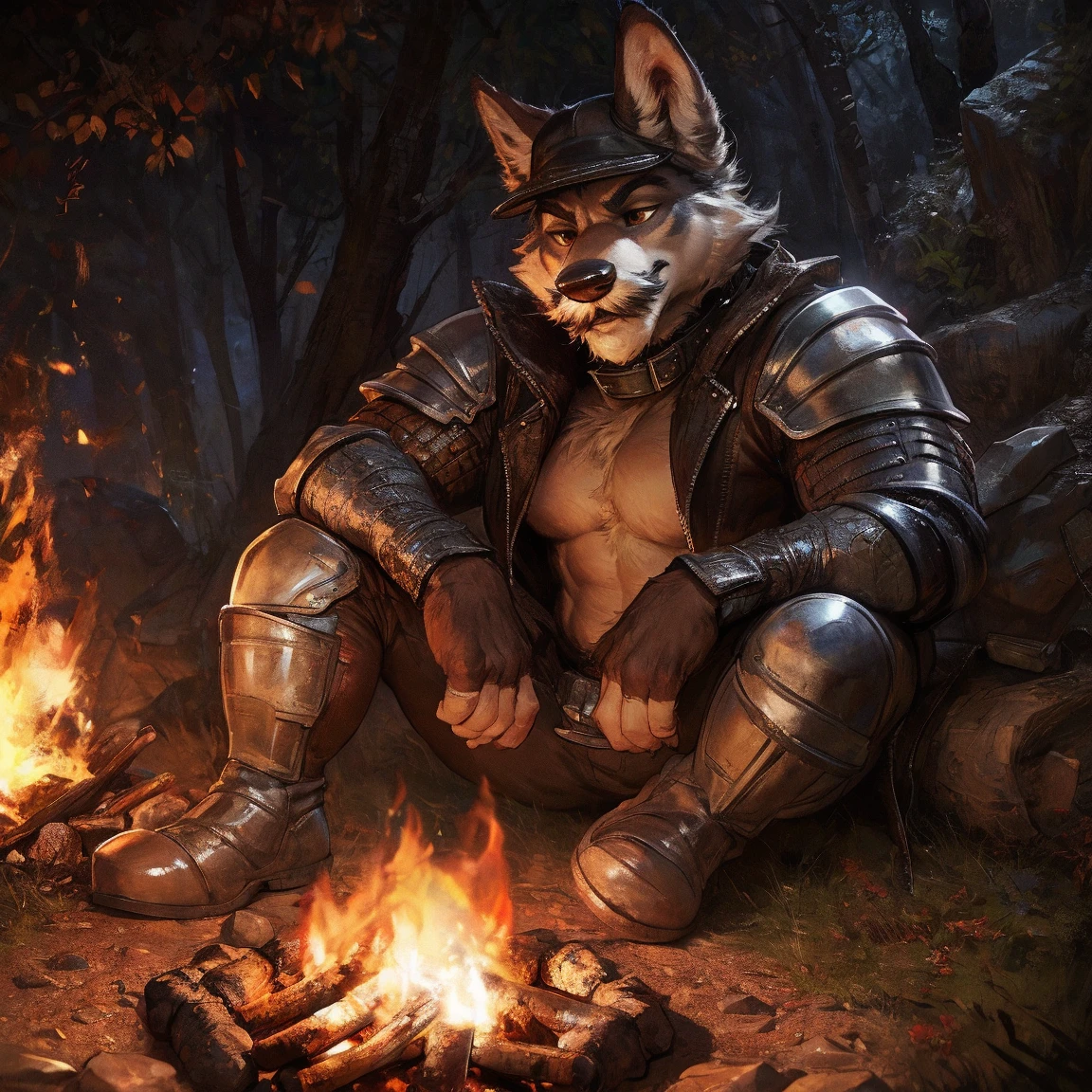 White wolf puppy. A  in her arms , small, , Male, holding, is sitting, weapon, Male focus, horns,Background to the war, colored leather, fire, candle, Without clothing , completely naked. testicles between legaster, Best quality))
