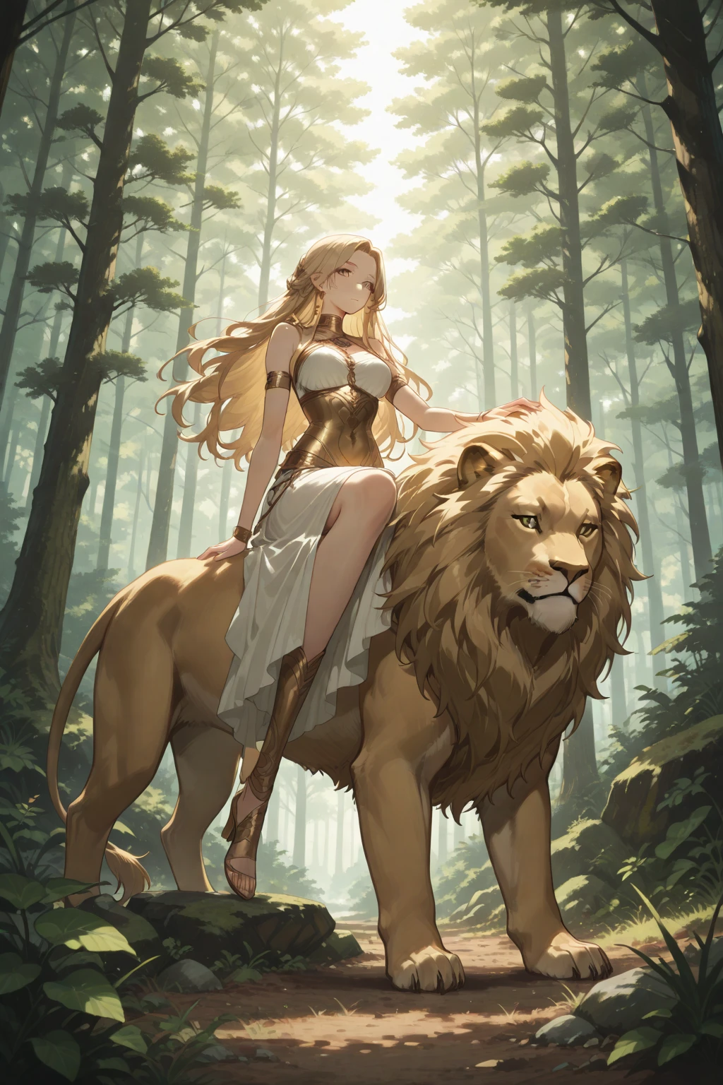 1girl,solo,cute,blond hair,big breast,cleavage,in desert,on the rock,cactus,like a lion,lion girl,mini lion