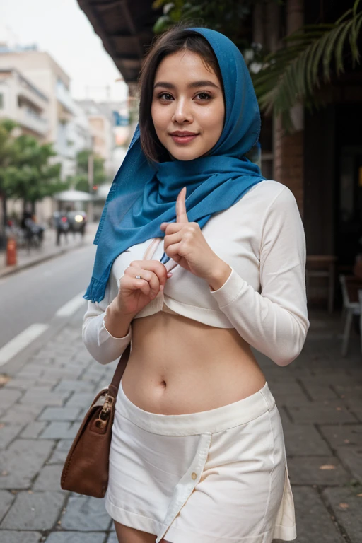 (8K, RAW Photo, Best Quality, Masterpiece: 1.2), (Realistic, Realistic: 1.37), a 20 year women, mosque background with a lot of people, indonesian girl, wear hijab, grey hijab, perfect face, full body, the most beautiful woman in the world, perfect body, all hair is covered, beautiful smile, long sleeve blouse, HALF CUP pastel blue BRA, pantyhose, stylish style, morning, hd, bright lighting