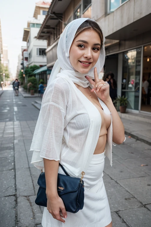 (8K, RAW Photo, Best Quality, Masterpiece: 1.2), (Realistic, Realistic: 1.37), a 20 year women, mosque background with a lot of people, indonesian girl, wear hijab, grey hijab, perfect face, full body, the most beautiful woman in the world, perfect body, all hair is covered, beautiful smile, long sleeve blouse, HALF CUP pastel blue BRA, pantyhose, stylish style, morning, hd, bright lighting