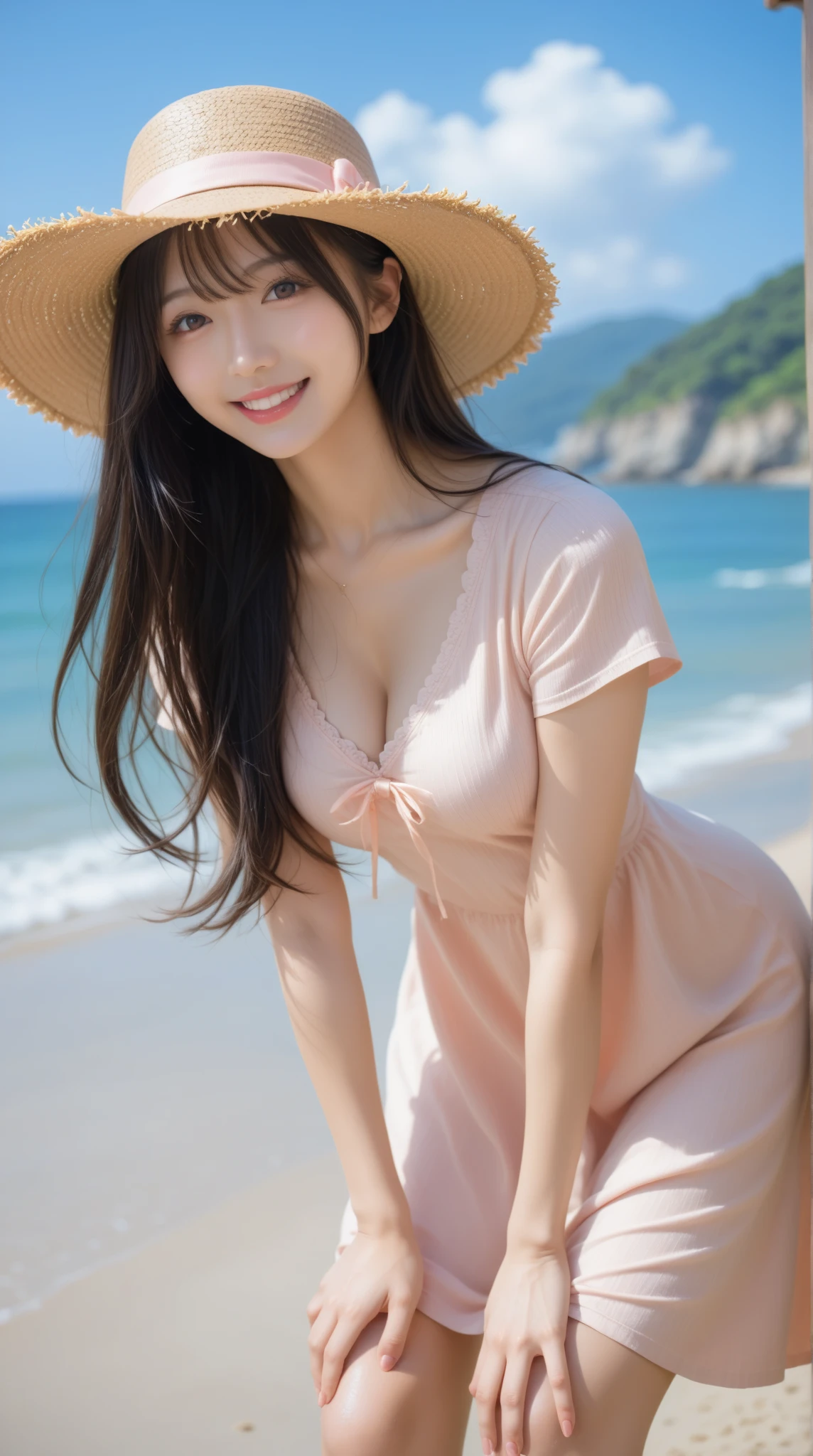 A very cute face like an idol、Looks like a young face、20-year-old female、Gentle and cute、A kind smile、Cleavage、one piece、Beach with beautiful sunset、Natural light、whole body、RAW Photos、Genuine、live-action、Artistic、Real Stick、High resolution、masterpiece