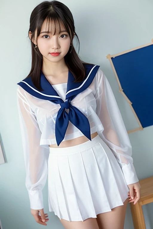 (Best image quality、highest quality、Highest Resolution、masterpiece、detailed、Actual Photos)、
(((A see-through mesh sailor suit)))、
One Japanese girl、
Cute Japanese Girl、
Beautiful Japan girl at 18 years old、
Slender figure、
Small breasts、
ponytail、
The girl is facing the photographer、
whole body、
Sexy pose、
She attracts the attention of men at an outdoor cafe along the California coast.、