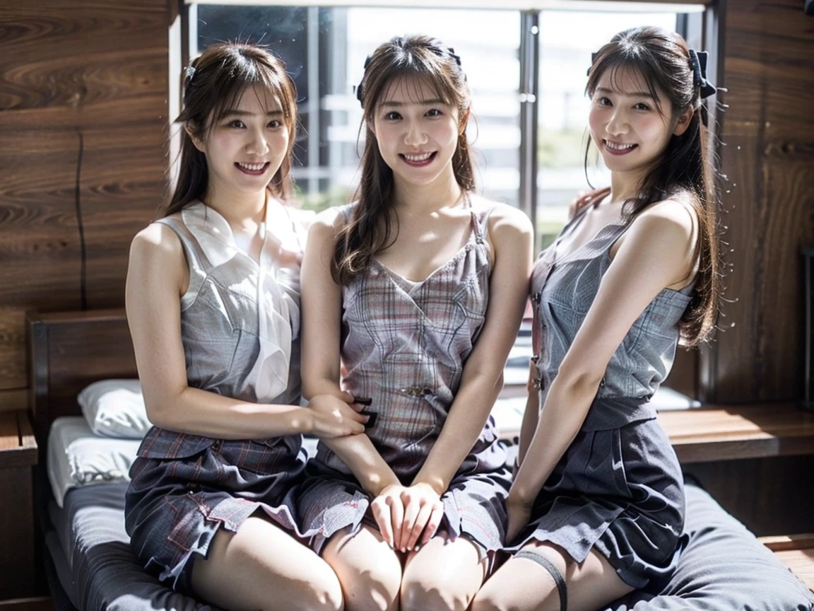 A close-up photo of two Japanese high-school girls, Hair tied up, Bangs down, (Double eyelids), ((All looking at the viewer)), (Sitting in the office), (All smiling), Highest Resolution, masterpiece, (All wearing long-sleeve turtle-neck sheer lacy bridesmaid dress), ((All lifting up dress, and exposing panties and naval)), (All wearing earrings)