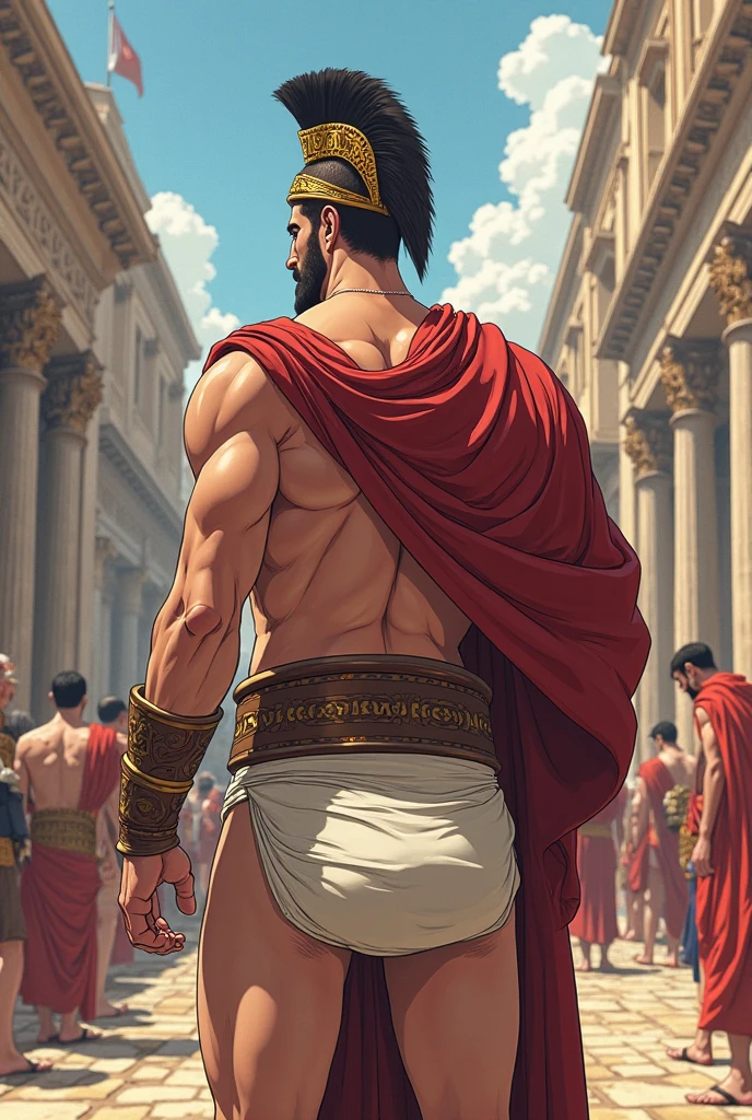 Mighty gladiator, upper torso exposed, legs unclothed from thighs to feet, flowing long curls, detailed muscular physique, lifelike depiction, 4K resolution. Background: Roman colosseum filled with cheering crowd.,32k uhd, best quality, masterpiece, super detail, high details