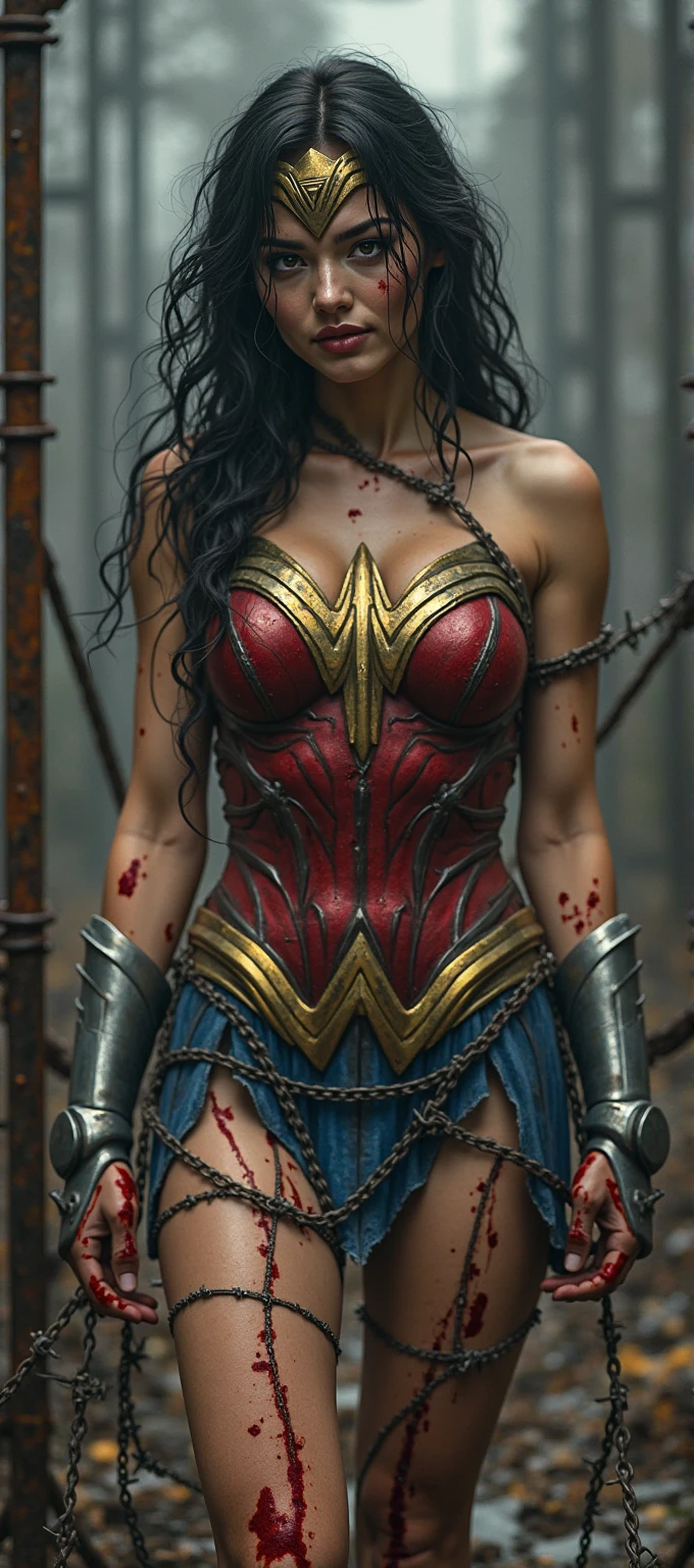 (((mulher maravilha, in the dirty alley tonight))) ,((SUPERHEROINE mulher maravilha IS A FILTHY OLD WHORE)), ((emotional expression,expression of pain and despair, gritando de dor, expression of suffering, olhos arregalados)),(Wonder Woman is standing,  on tiptoe), (She's crying a loa tem cabelo preto, ela tem cabelo longo)), ((She wears a thick metal necklace around her neck...)), (Ela esta vestindo roupas imorais, she is wearing indecent clothes), (obra-prima, melhor qualidade) 1.5, 1 garota, sozinho, (sexy, mulher bonita, rosto perfeito, olhos perfeitos), corpo inteiro. ((She is wearing starry lace panties)), tears running down your face)), ((WonderWoman in Strappado bondage ,arms are bound behind their back, then by use of some method of attachment such as a rope or chain that runs from their wrists to a securing point above, their arms are lifted behind them until the person is forced to bend forward)), (((emotional expression,expression of pain and despair, gritando de dor, expression of suffering, olhos arregalados, expression of fear, corpo se contorcendo de dor)))