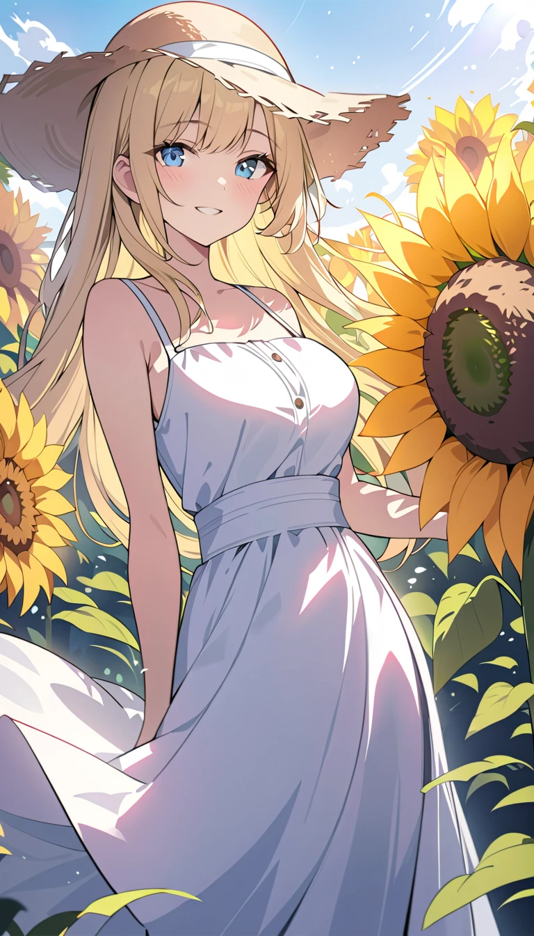 skirt hold, 1girl, minami_fuyuki, lifted by self, clothes lift, flower, skirt lift, skirt basket, earrings, orange flower, solo, curtsey, long hair, dress lift, skirt, jewelry, yellow flower, purple eyes, blonde hair, sunflower, grass background, daisy, (large breasts:1.3), bare shoulders, dress, black skirt, looking at viewer, smile, bangs, feet out of frame, shirt, collarbone, floral background, gradient, blush, red flower