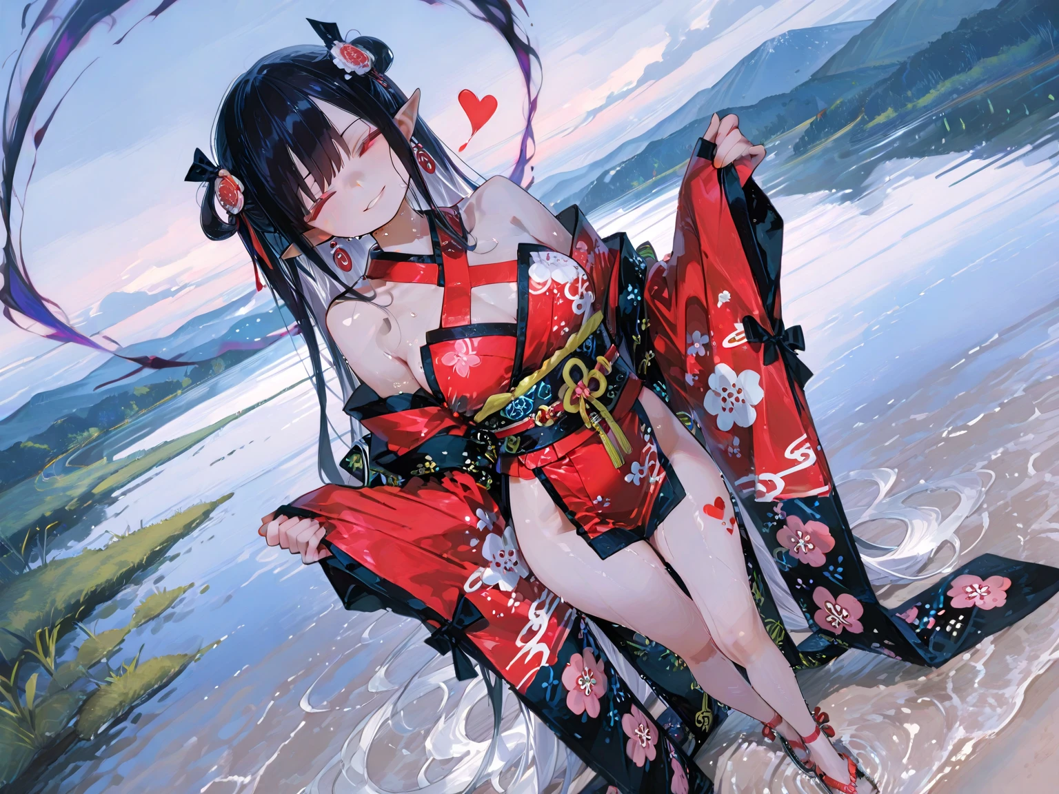 (full body, pov kimono style swimsuit) (beautiful body), (solo:2, 15 yo, blunt bangs:1.3 black hair long hair sexy shrine girl, sexy closed eyes, happy smile, small tits), (in a japanese shrine:1.2 beautiful one piece swimsuit, exposure wabisabi:1.3 white and red), break, in the Swimsuit contest venue, background Double Exposure beautiful ocean, BREAK, perfect anatomy, masterpiece, best quality, 16k, beautiful detailed love, sexy, daydreaming expression.