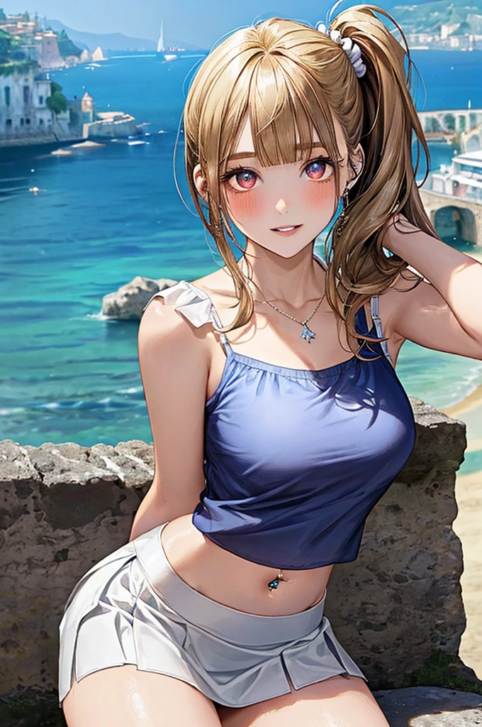 Woman in Greece portrait anime green eyes Nikon camera sunset hour realistic photography Beach House at Greek island animation realistic brown hair (magazine:1.4) (cover-style:1.3) 