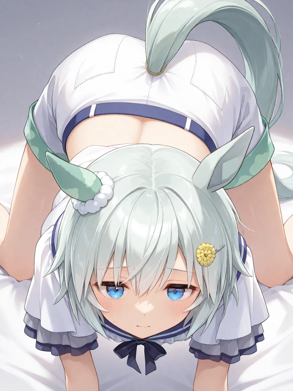 Mononobe no Futo, One Girl, Long sleeve, Sleeves edged with ribbon, Gray Hair, blue eyes, 
Underbust,  Small breasts, Butt,Thighs,Plump，milk,Underarm,Underbust，vapor，High Leg，No underwear,vagina,Female organ,semen，smile，Buttの穴,Cunnilingus,Buttを突き出す,Sweat,Ahegao,Male organ,Buttを揉まれる,大きなFemale organ,Open up,Spread the word,Zoom in,Pussy Line,Naughty pose,Binding hands and feet,vaginaを広げて