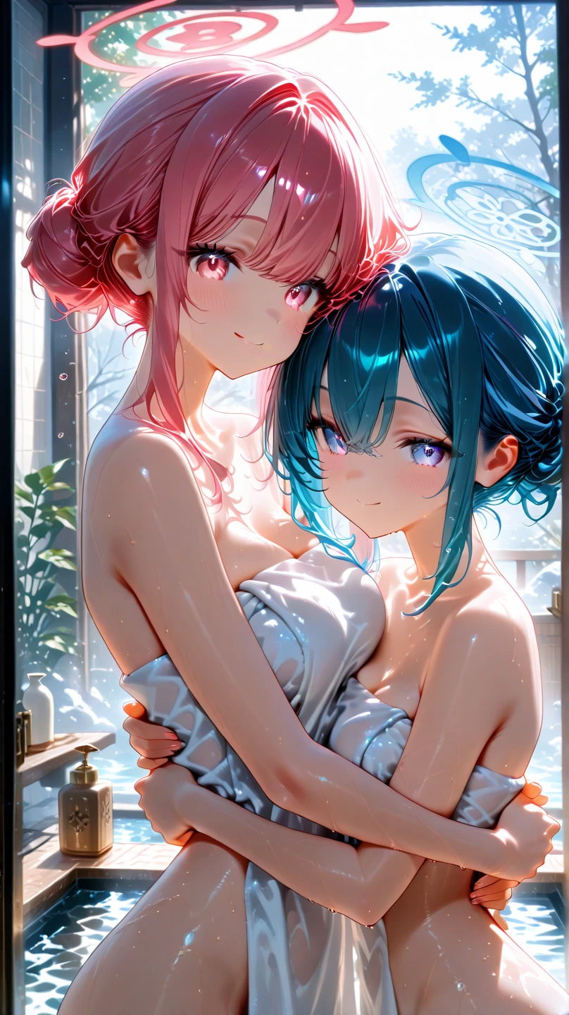 (((2girls:1.5))), together, two people, masterpiece, best quality,, extremely delicate and beautiful, meticulous details, good composition, closed_eyes, cute face, perfect face, perfect hands, fingernails, sakura miko, SakuraMiko, HoshimachiSuisei, hoshimachi suisei, sunlight, light blush, ((school)),, looking each other, smile, , (hugging each other),in_school,sunlight,kissing,happiness,(naked_girls:1.5),,sweat,bare,thighs,bare_torso,light up,open_mouth,High_quality_lighting,