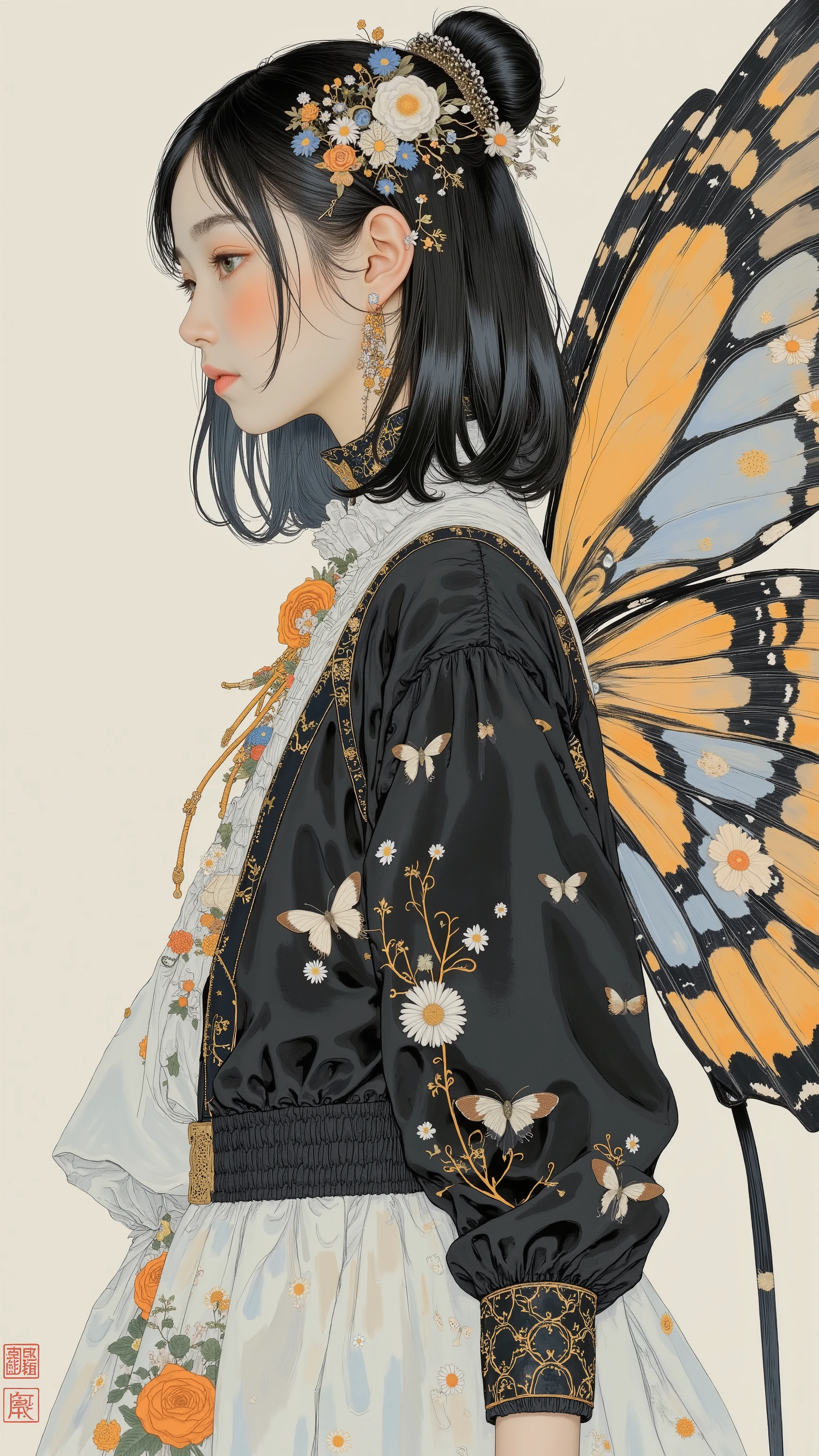 profile 、Profile、 forward bending position with jacket、Women's Carafe Butterfly Costume in a Black and White Dress, Exquisite and Handsome Feathers , Butterfly Wings, big, Beautifully open wings , Extremely Intricate Feathers !, with big wings , Intricate Costume Design, beautiful feathers , Spread your wings, Angel Themed Costume Designs Made with Love , beautiful costumes, Disheveled Feathers, spread wings, Award-winning costume design , high quality stage costume